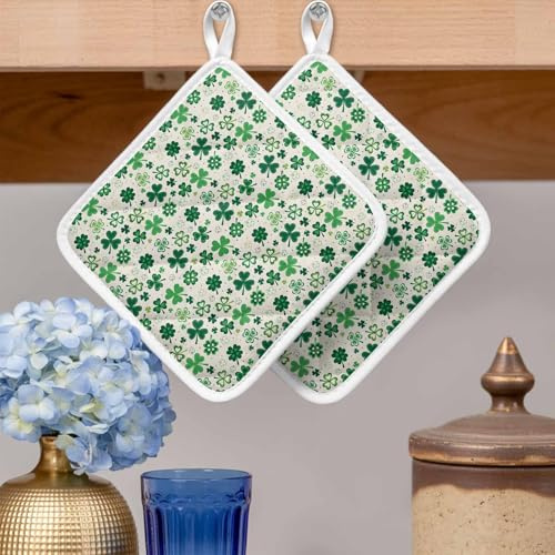 Pot Holders Set of 2, St. Patrick's Day Lucky Clovers Leaves Potholder for Kitchen Heat-Proof Hot Pads, Irish Green Leaves Flax Hot Mats Potholders for Cooking Baking BBQ