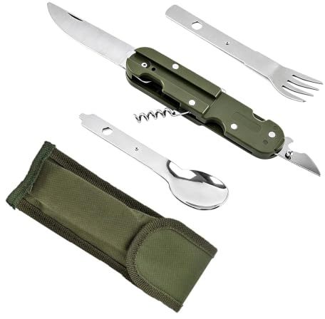ZYLWLDP Vaisselle Pliante en Acier Inoxydable 5 en 1, Couvert Camping Multifonction pour Bivouac, Randonnée Accessoires, Gamelle Camping, Fourchette, Couteau et Cuillère, Portable pour Plein Air