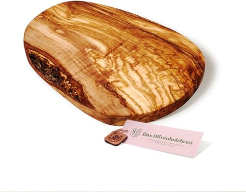 DAS OLIVENHOLZBRETT® Schneidebrett aus Olivenholz/Olivenholzbrett/Servierbrett aus Holz/Frühstücksbrett/Brotzeitbrett/Steakbrett Holz/Naturschnitt 25-29cm lang / 14-16cm breit