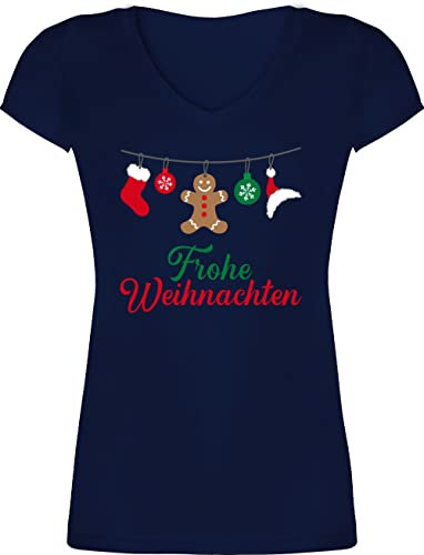 T-Shirt Damen V Ausschnitt - Geschenke Christmas Bekleidung - Frohe Weihnachten I Weihnachtsmotiv - M - Dunkelblau - Weihnachts t - Shirt weihnachtsoutfit weihnacht Xmas Tshirt weihnachtsshirt