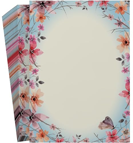 Motivpapier DIN A4 „Blütenreigen“ – Aquarell-Blütenrahmen mit Schmetterling – 100 Blatt 90g Briefpapier – florales Designpapier für Briefe, Einladungen & persönliche Korrespondenz