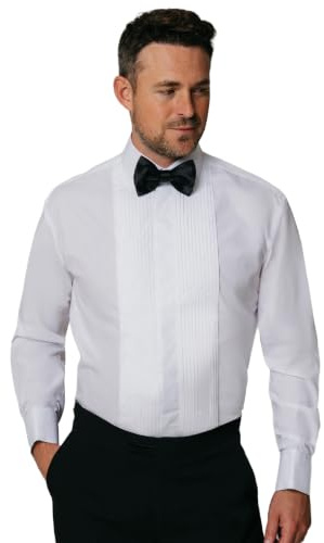 Dobell Mens White Tuxedo Dress Shirt Slim Fit Standard Collar Double Cuff Pleated Fly Front-16