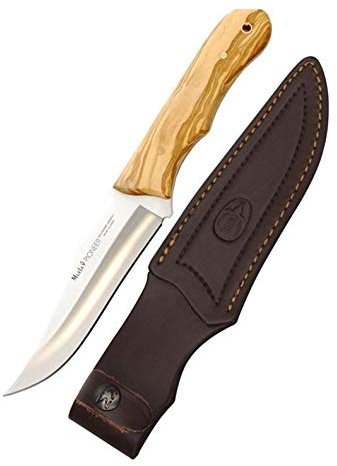 Muela Cuchillo PIONEER-14.OL hoja de acero ACX-380 de 14 cm y empuñadura de madera de olivo para Caza, Pesca, Supervivencia y Bushcraft Realizado en Ciudad Real + Portabotellas de regalo