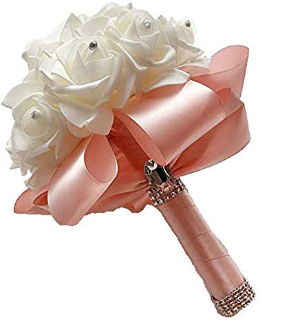 Ulalaza Bouquet da Sposa con Fiori Rose di Cristallo Perla Damigella d'Onore Bouquet da Sposa Fiori di Seta da Sposa