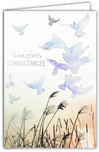 Afie - Tarjeta sinceras condolencias azul púrpura gris plateado brillante fallecimiento, pájaros, palombios, hierbas graminadas rosas, agua fabricada en Francia