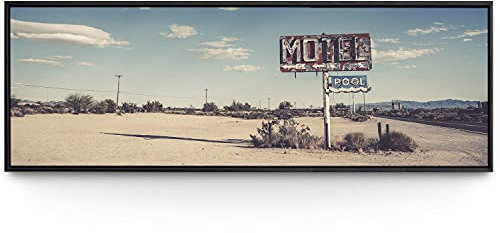 BilderKing Wandbild Wüste Arizona Retro, Route 66-150cm x 50cm Leinwand auf 2cm Keilrahmen mit Schattenfugenrahmen schwarz