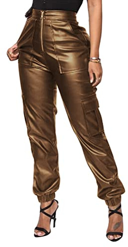 Tomwell Femmes‎ Legging Simili Cuir avec Poches Skinny Stretch Slim Pantalon Marron S