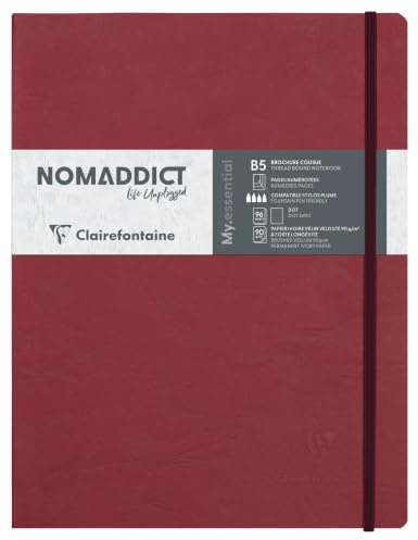 Clairefontaine 794432C Collection Nomaddict (ex Age Bag) Un Carnet Élastiqué Cousu My.Essential Rouge - B5 19x25 cm - 192 Pages Numérotées DOT - Papier Ivoire 90g - Couverture Carte Lustrée Grain Cuir