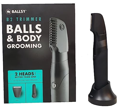 Ballsy B2 - Rasoio per inguine e corpo, da uomo, include 2 testine a cambio rapido, impermeabile, base di ricarica senza fili per una rasatura ravvicinata