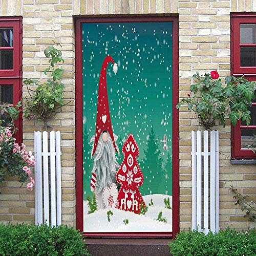 GSKBDQ Türaufkleber Selbstklebende Türtapete Türposter Roter Hut Alter Mann Schnee Weihnachten 3D 95X215Cm Fototapete Türfolie Poster Art Tapete Wasserdicht Abnehmbare Wandaufkleber Schlafzimmer Haus