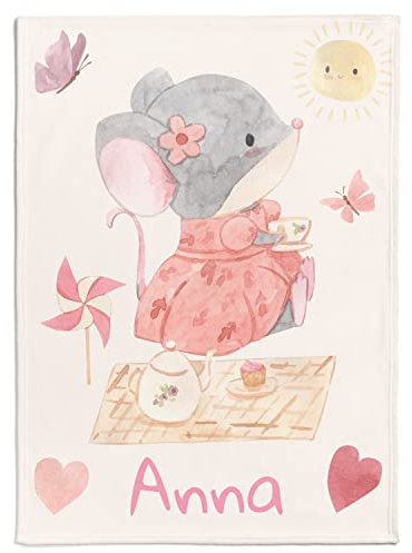 Personalisierte Babydecke Kinderdecke mit eigenen Namen, Maus Motiv & Farbauswahl | Individuelle Baby Decke Namensdecke (Maus) 80 x 110 cm