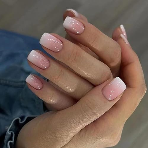MouyouGlow 24 pezzi Press on Nails corto, quadrato nude rosa sfumato bianco finto unghie finte con colla per unghie, unghie finte rettangolari rosa gradiente bianco acrilico