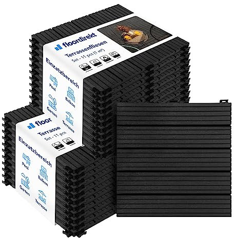 Floordirekt Fliesen 30x30 cm, 2m² = 22 Terrassenfliesen, Klickfliesen, Balkonfliesen in Holzoptik - Bodenbelag für Balkon & Terrasse - wetterfest mit Drainagefunktion | Grau | Claire