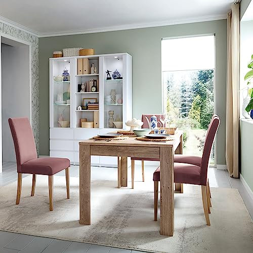 Lomadox Esszimmer Set 4-teilig in weiß und Eiche Nb. | 1 Ausziehtisch 140-180cm, 2 Vitrinenschränke, 1 Regal