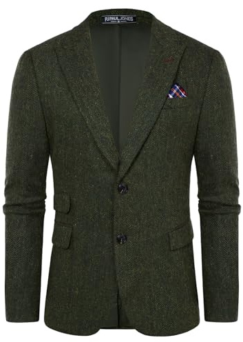 PJ PAUL JONES Sakko - Giacca da uomo vintage British Blazer, con 2 bottoni, in tweed, verde militare, XL
