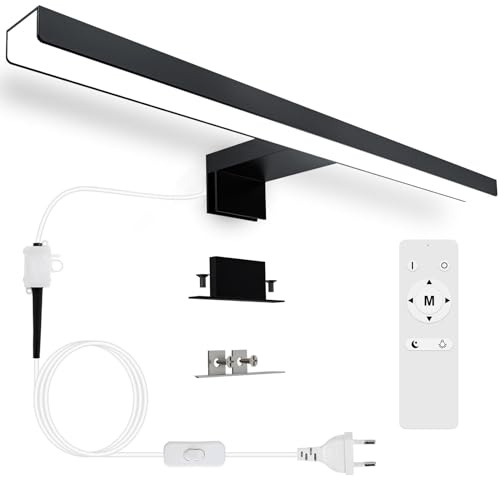 Karrong Spiegelleuchte Bad 40CM 12W Schwarz mit Schalter Fernbedienung | Dimmbar 3000K-6000K, IP44 Wasserdicht, 1200LM, Aluminium, AC100-265V
