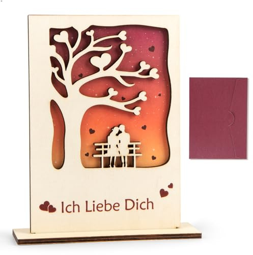 COCHIE Valentinstag Karte Ich Liebe Dich, Beschreibbare Karte aus Holz Liebe mit Umschlag und Ständer, Jahrestag Geschenk für Sie,Ihn,Frau,Ehemann,Liebhaber