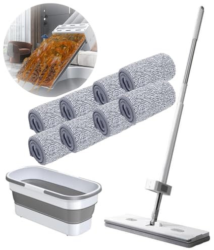 DFANCE Trapeador Plano Grande,Mop Bucket Set Trapeador,Trapeador raspador de deshidratación autónomo,Trapeador Giratorio de 360 ​​° para Azulejos Laminado Piso de Madera,8PCS Cloths