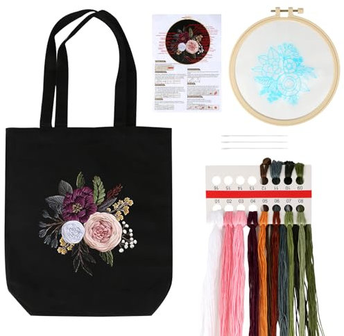 lahnao Sticken Set Erwachsene, Embroidery Kit, Stickset für Anfänger, Kreativ Set für Erwachsene, Inklusive Segeltuchtasche mit Blumenmuster, Anleitung, Stickrahmen, Farbfäden und Nadel