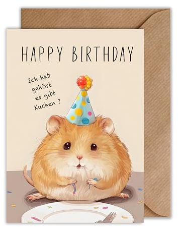 WBdesignz Lustige Geburtstagskarte mit Umschlag - Happy Birthday Karte Ich hab gehort es gibt Kuchen Hamster Geburtstags Glückwünsche Witzig (DIN A6)