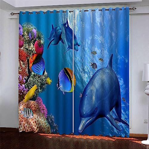 Kinder Verdunkelungsvorhänge Hand Meereslebewesen Delphin 3D Polyester Ösen Vorhang, Für Wohnzimmer Schlafzimmer Blickdicht Schallschutzvorhänge 2Er Set 280 B X 300 H Cm - Bedruckte Verdunkel-0T7N6W8G