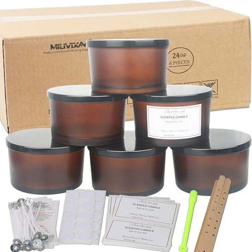 MILIVIXAY Confezione da 6 barattoli per candele da 680,4 g, con coperchio in metallo e kit per la realizzazione di candele, barattoli vuoti in vetro spesso color ambra smerigliata per realizzare