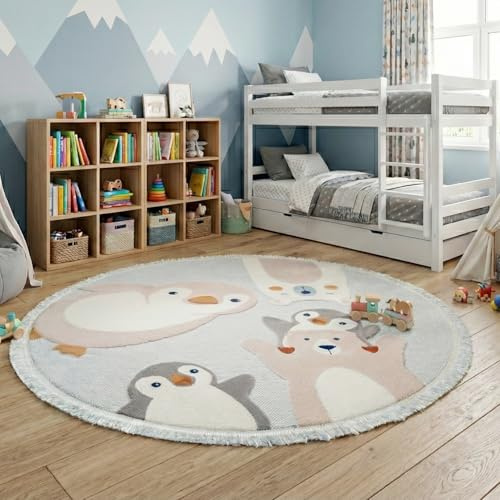 RUGURA Teppich Kinderzimmer Junge Mädchen Kinderteppich Spielteppich Kurzflor 160cm Rund Eisbär und Pinguine