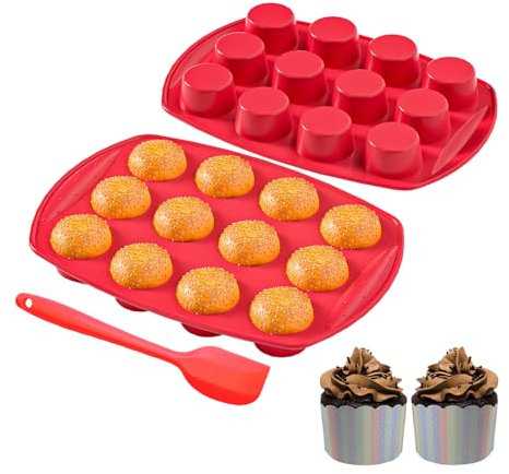 Ronde Moules à Muffins 12Cup avec Spatule, Plateau à Muffins En Silicone, Moule àPâTisserie pour Cupcakes, Brownies, Muffins, Pudding, Bouchées aux oeufs（2pcs）