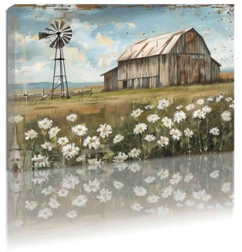 ZQQART Bilder mit Windmühle und Scheune Leinwandbild Wanddekoration Bauernhaus Landschaft Wanddrucke Landschaft Scheune Wildblumen Gemälde Wohnzimmer Dekor (Blau,30x45cm)