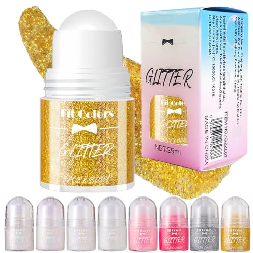Glitzer Gel Roll on für Haare Gesicht und Körper | Gesichtsglitzer | Roll-on Body Glitter Gel | Meerjungfrau Karneval Festival Glitzer Schminke Rave Weiß | Shimmer Makeup (Gold #08)