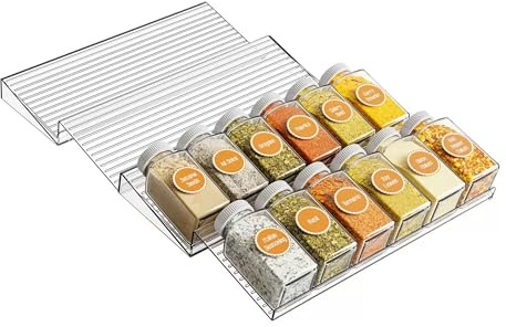 Lacusmall 4 Tier Spice Drawer Organizer, Clear Plastic Adjustable Spice Rack for Inside Drawer, Cabinets Countertops Expandable Storage for Spice Jars (No Jars)