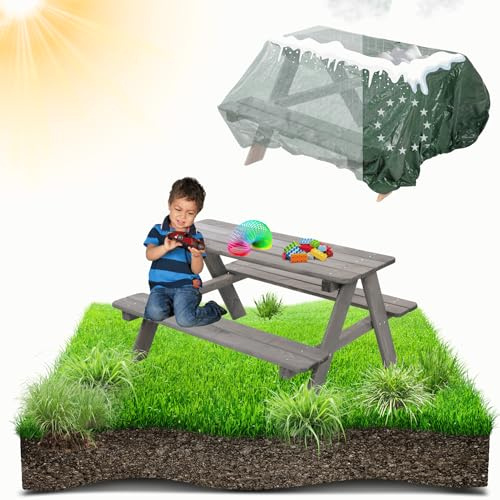 MODO24 Kindersitzgarnitur für 4, Picknicktisch für Kinder aus Kiefernholz, Outdoor Sitzgruppe mit 2 Bänken, Gartensitzgarnitur & Spielmöbel, ABM. 90x91x50 cm, Farbe: Grau (imprägniert), mit Abdeckung