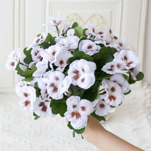 OUKEYI 8 Bundles Artificial Flowers for Outdoor Fake Pansies Small Wild Flowers Faux Pansy Plastic Flowers for Home Garden Flower Beds Outdoor Plants (White)