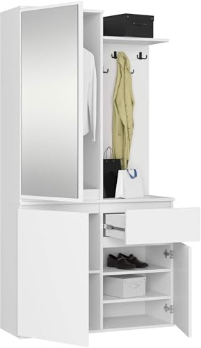 AKORD Set Guardaroba ENTRO 95 cm - Mobile Da Ingresso Moderno 3 Ante 1 Cassetto 7 Ripiani - Mobile Entrata Ingresso con Scarpiera e Appendiabiti - Arredo per Corridoi - Bianco