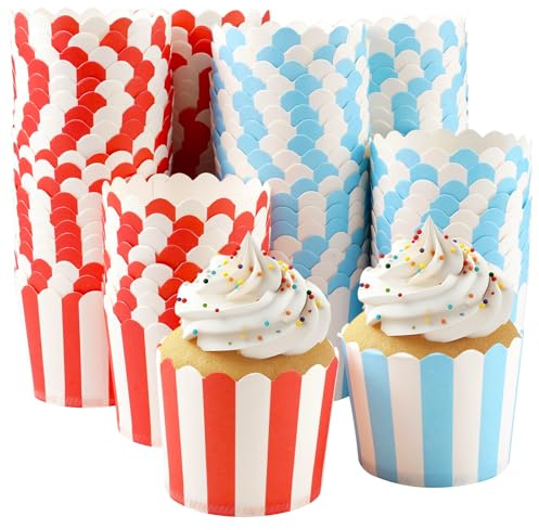 Stampi in Carta Robusta Rossi e Blu, Pirottini per Cupcake e Muffin 100 Pezzi, Cupcake Wrapper per Dessert, Pirottini Carta Cupcake Forno Cottura Strisce, pirottini di Carta per Cupcake e Muffin