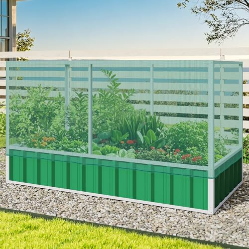 DWVO 174 x 90 x 88 cm, bancal alto de metal con red de protección para plantas, bancal de jardín con marco reforzado y guantes, ideal para cultivo de verduras, hierbas y flores, resistente a la
