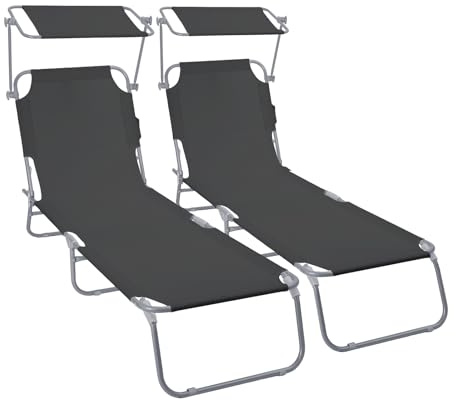 VOUNOT® Set de 2 Tumbonas Plegables con Parasol Ajustable Tumbona Playa Reclinable Respaldo Regulable 4 Posiciones Tejido Poliéster Carga Máx. 120 kg para Jardín Terraza Piscina Camping Exterior Negro
