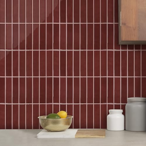 COMSTICKC Crédence Adhésive Pour Cuisine Rouge foncé, 10 Pièces, Carrelage Adhesif Mural Salle de Bain, Vinyle 3D Métro Autocollant Carrelage Adhesif, imperméable, 30,5x30,5cm, Ligne droite verticale