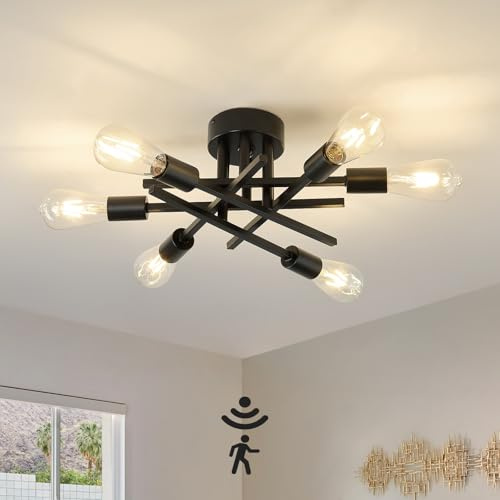 Semi Flush Mount Motion Sensor Ceiling Light Fixture，6 Lights Black Vintage Matte Sputnik Chandelier Ceiling Lamp with E26 Bulb Base for Farmhouse Dining Room Living Room Bedroom Study Kitchen