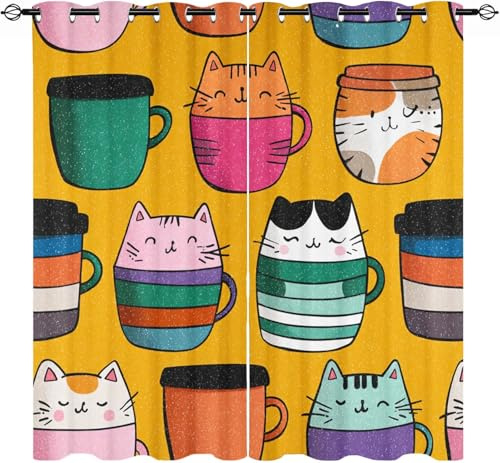Generisch Blickdicht Verdunklungsvorhänge für Wohnzimmer H215 x B110 cm (2er Pack) Cartoon-Tier-Katze Gardinen für Kinderzimmer,Thermovorhang Bunt Waschbarer Polyester Ösenschal Vorhang