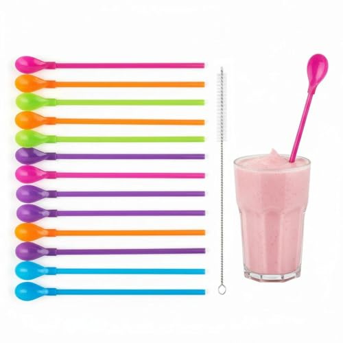 Strehknewen 40 pajitas con cuchara 2 en 1 – Pajitas reutilizables en 5 colores – Pajitas de plástico con cuchara para batidos, batidos, cócteles – 23,6 cm de largo