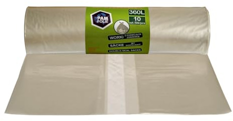 PAM-FOLIE Sacchi della spazzatura 360 l, 10 pezzi, XXL, grandi, forti, spessi, 120 x 150 cm, 35 µm, universali, trasparenti, sacchetti per rifiuti da costruzione, in polistirolo
