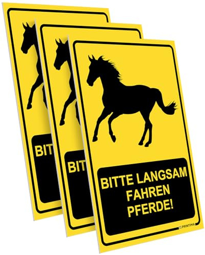 PRINTIMA 3x Schild 21x32 cm BITTE LANGSAM FAHREN – PFERDE! – wetterfestes PVC-Warnschild inkl. Schrauben & Dübel – ideal für Reitwege, Pferdehöfe & ländliche Zufahrten