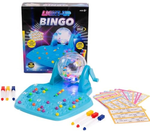 HTUK Light Up Bingo Game for Kids & Family – LED Rotating Bingo Ball Machine with 75 Balls, Cards & Markers – Interactive Indoor Bingo Set for Home, Parties & Gifts (Ages 5