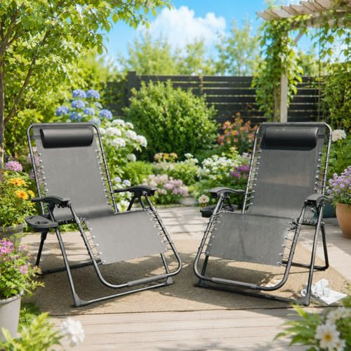 ALAULM Textilene Zero Gravity Stuhl Set mit 2 Stück, 180 kg belastbare Klapp-Sonnenliege mit Getränkehalter, Verstellbarer Gartenliegestuhl für Terrasse, Camping, Strand (grau)