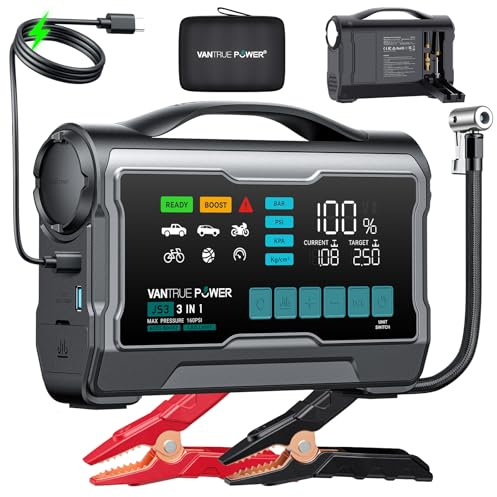 starthjälp med 24 000 mAh 160PSI kompressor, 12 V batteribooster, 65 W snabbladdning, 59,2 Wh däckfyllare, LED-display för alla 12 V bensin 10L/8 l dieselmotorer, LED-ljus, startkablar | 12 V bilbatteribooster, för 10 l gas/8 l diesel, 24 000 mAh, 65 W snabbladdning, 9-tums LCD-skärm, LED-nödljus, powerbank