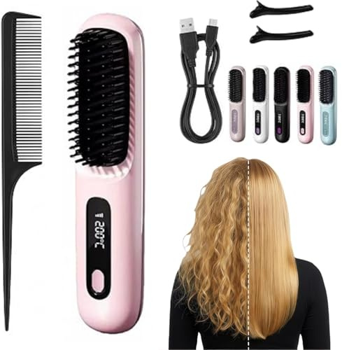 Cepillo de peinado Clinora para pelo corto, recargable, inalámbrico, liso, ondulado o encrespado en cualquier momento, perfecto estilo en cualquier momento (rosa)
