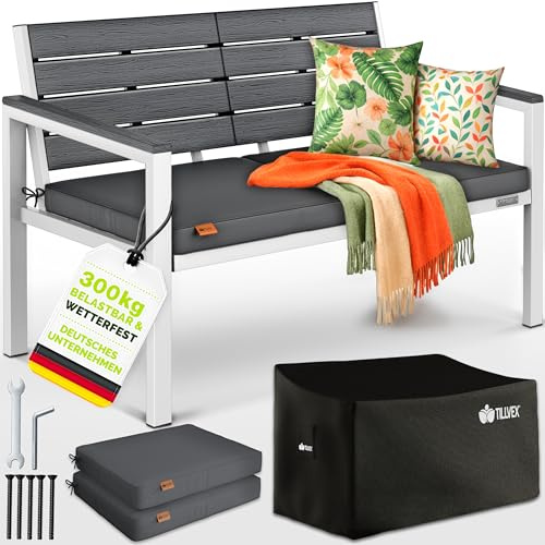 tillvex® Gartenbank Wetterfest 2-3 Sitzer mit Abdeckung & Kissen bis 300kg | Parkbank Holzoptik UV-beständig | Sitzbank inkl. Auflage für Garten Terrasse Balkon | Balkonbank mit waschbarem Polsterbezug