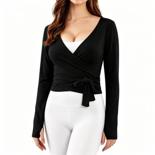 Baisdan Women Pilates Wrap Top Long Sleeve Ballet Yoga Tops Deep V Neck Tie Front Workout Shirts Y2K Gym Activewear