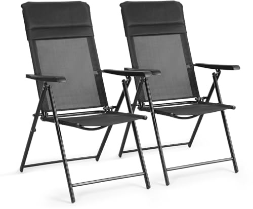 VOWNER 2er Set Gartenstühle Hochlehner Klappstuhl Klappsessel, Schwarz | Wetterfestes Textilene mit Armlehne für Balkon & Terrasse, stabil bis 150 kg